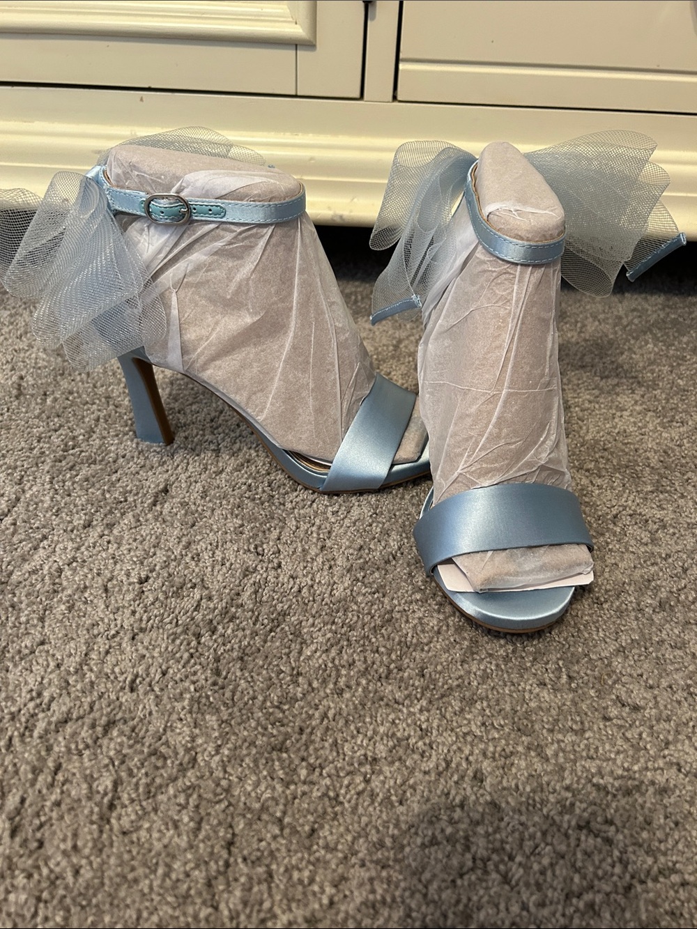 KELLY & KATIR  Light Blue Satin Ankle-Strap Heels with Tulle Accent - brand new